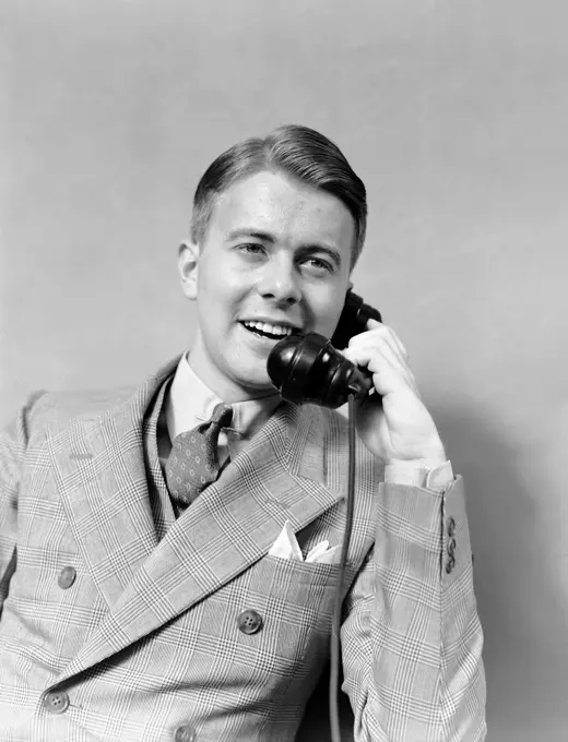 1930S Businessman In Plaid Suit And Vest Talking On Telephone Smiling Double Breasted 