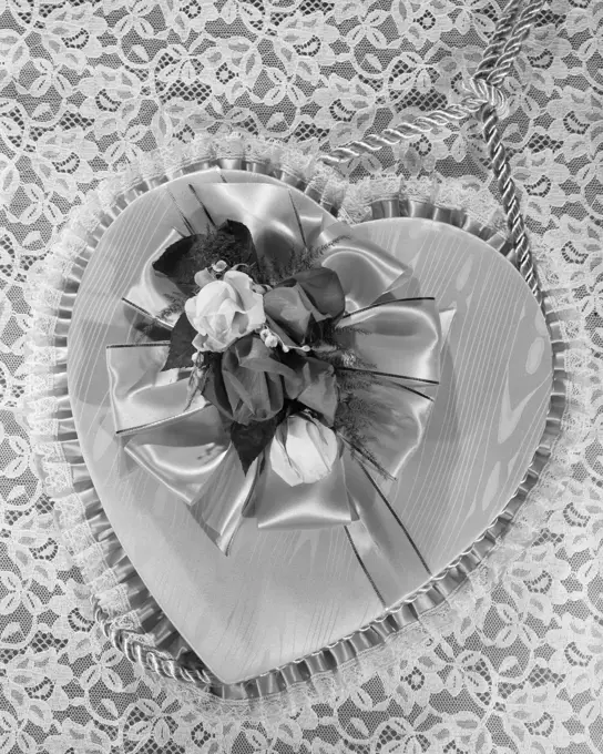 1950S 1960S Fancy Valentine Heart Candy Box Covered With Satin Ribbon & Silk Flowers On Lace Tablecloth