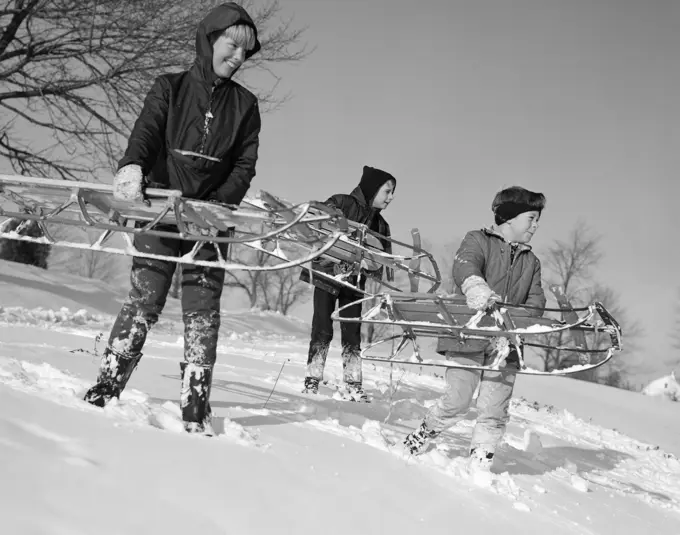 1960S Three Boys Holding Sleds