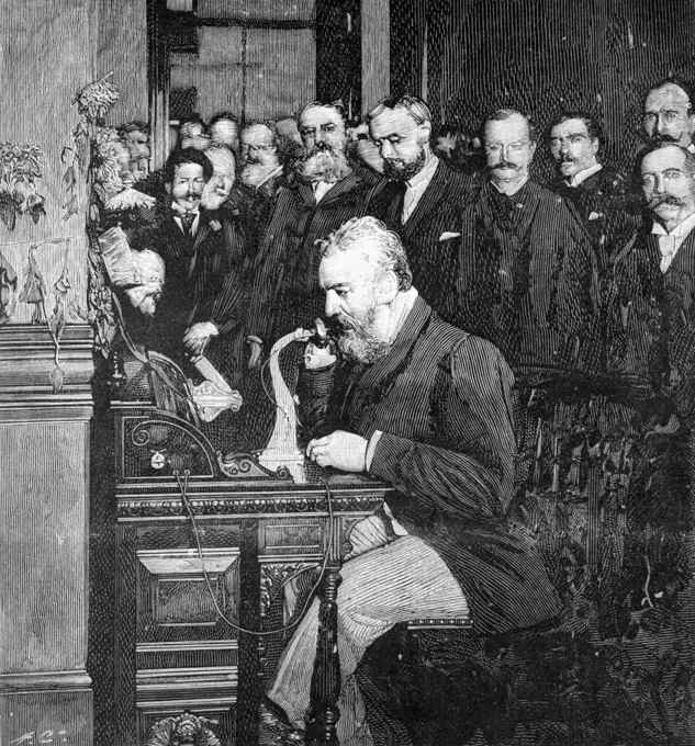 1890S Engraving Of Alexander Graham Bell Making First Long Distance Telephone Call From New York To Chicago In 1892
