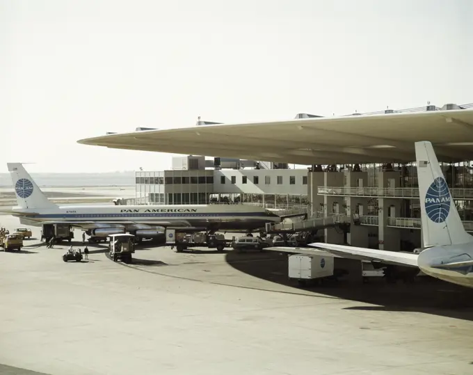 1960S View Of Pan American International Terminal And Airplanes Travel Vacation Business