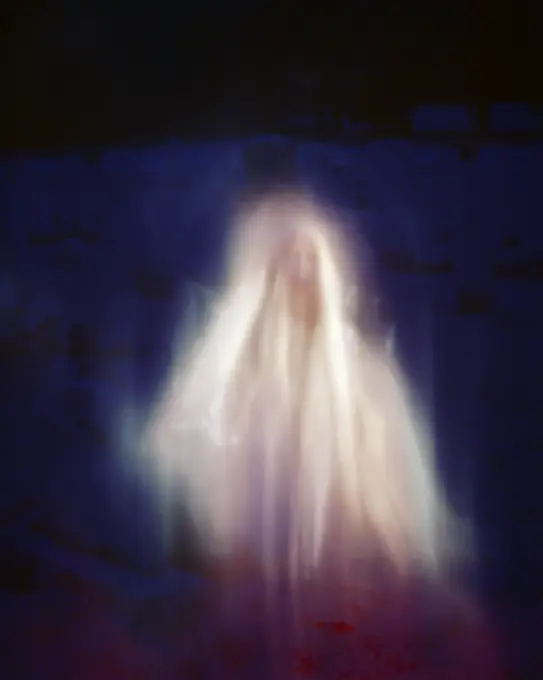 1970s WHITE FEMALE SPECTRE SCARY HALLOWEEN GHOST IN ROYAL BLUE CEMETERY MIST 