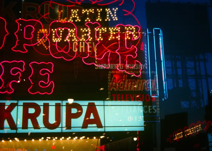 1960s MONTAGE NEON SIGNS METROPOLE CLUB MARQUEE FOR GENE KRUPA LATIN QUARTER TIMES SQUARE MANHATTAN NEW YORK CITY NEW YORK USA