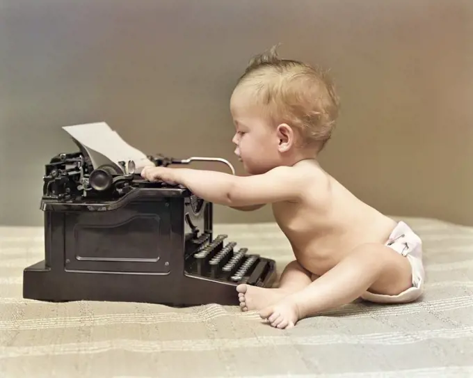 1940s BABY IN DIAPER TYPING ON TYPEWRITER