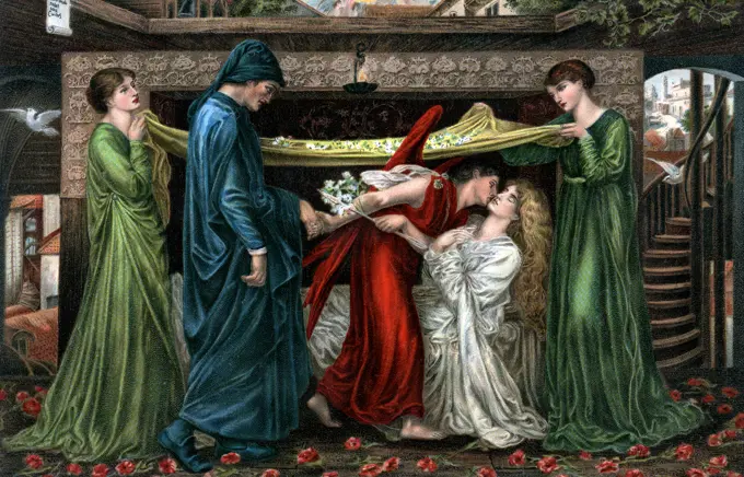 1800s 1871 PAINTING BY DANTE GABRIEL ROSETTI TITLED DANTE'S DREAM AT THE TIME OF THE DEATH OF BEATRICE