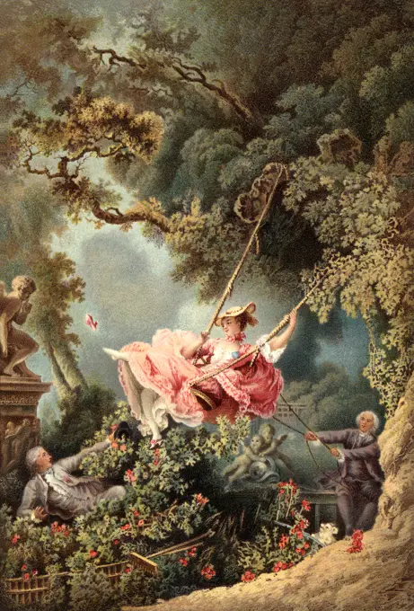 1700s 1767 THE SWING BY FRENCH PAINTER OF ROCOCO MANNER JEAN-HONORE FRAGONARD LOVER LOOKING UP DRESS OF MISTRESS ON SWING