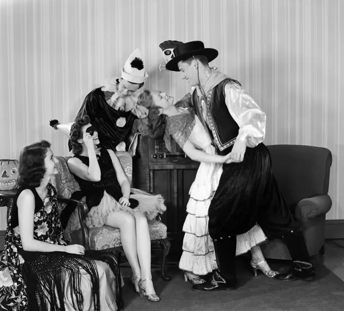 1930S 1940Scouples Dressed In Costumes Dancing & Partying At Home