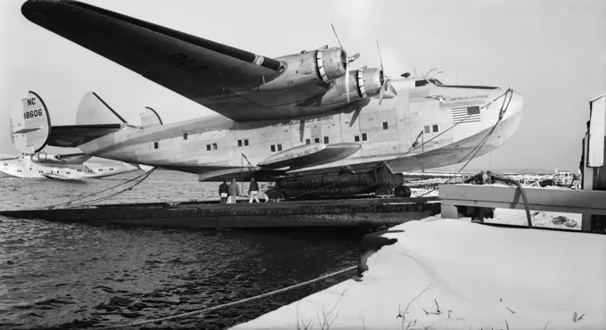 1930s 1940s PAN AMERICAN AIRWAYS FLYING BOAT BOEING 314 AT DOCK OUT OF THE WATER 