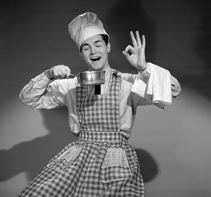 1950S Man Wearing Chefs Hat And Apron Holding Pot Making Okay Sign