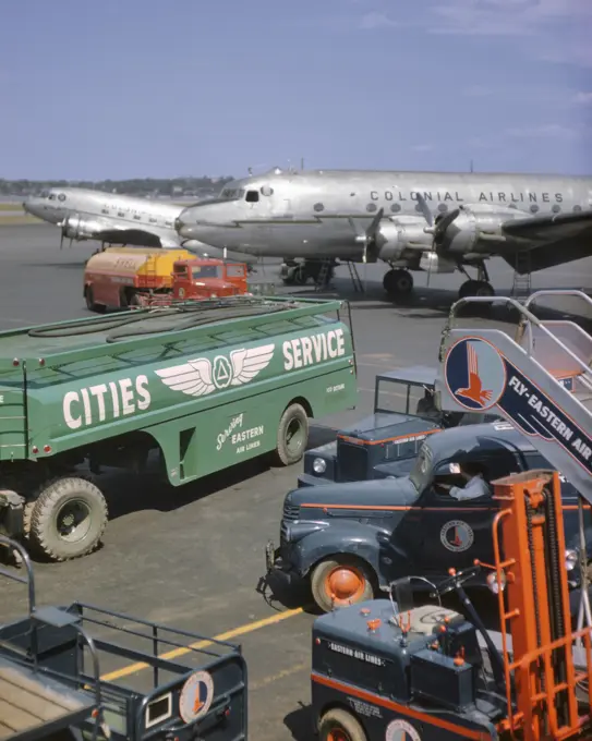 1950s COLONIAL AIRLINES AIRPLANE ON TARMAC WITH GASOLINE TRUCKS IN FOREGROUND LAGUARDIA AIRPORT NEW YORK USA