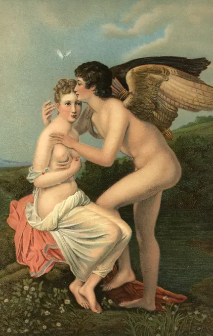 EROS THE GREEK GOD OF LOVE KISSING THE FOREHEAD OF PSYCHE A GRECO-ROMAN MYTH FOLK TALE OF CUPID AND MOTHER APHRODITE