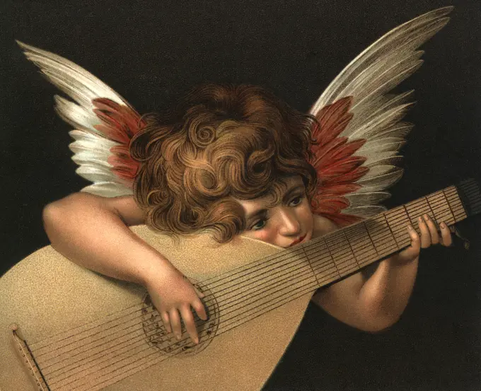 1520s 1521 CHERUB PLAYING THE LUTE PAINTING BY FIORENTINO NOW AT THE UFFIZI FLORENCE ITALY