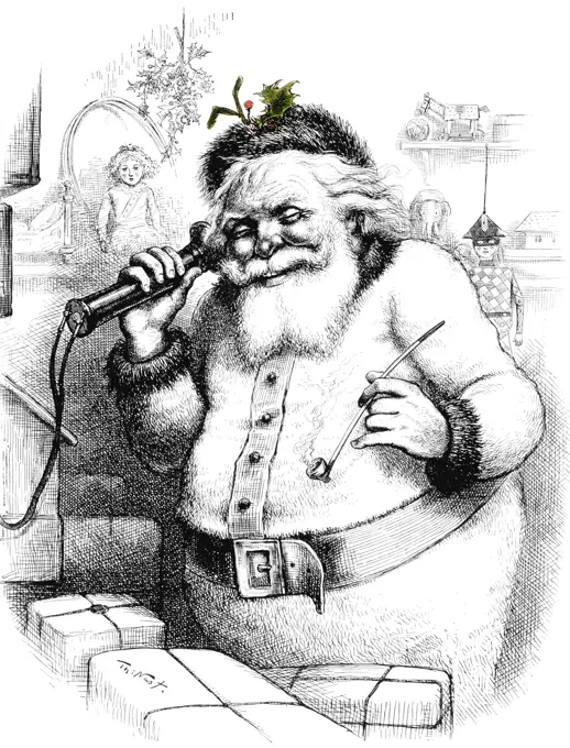 1880s THOMAS NAST LINE DRAWING OF SANTA CLAUS ON TELEPHONE WITH PIPE IN HAND AND GREEN HOLLY AND BERRIES IN HIS HAT