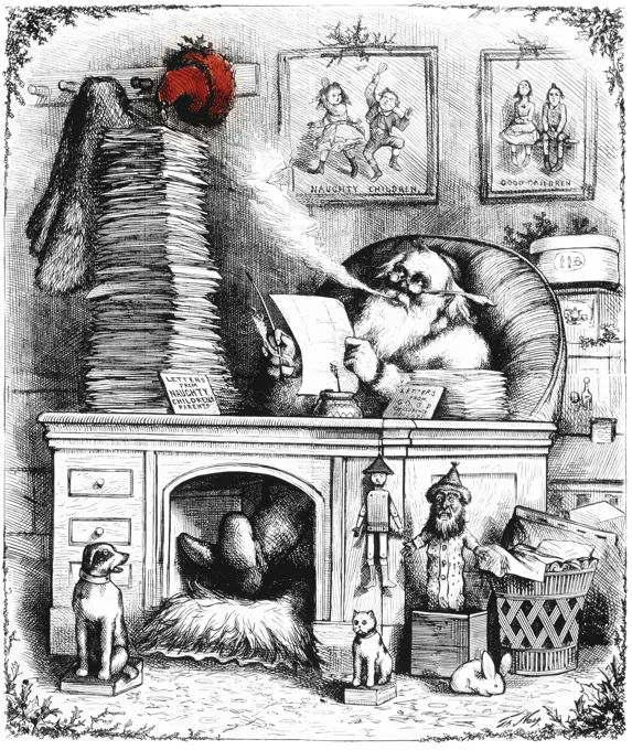 THOMAS NAST LINE DRAWING OF SANTA CLAUS AT HIS DESK WITH MAIL FROM NAUGHTY & GOOD CHILDREN RED HAT ON PEG