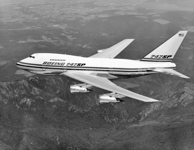 1970s BOEING 747 SP JET AIRPLANE IN FLIGHT