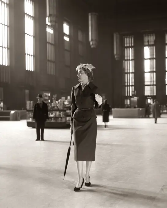 1950S Fashionable High Class Woman Alone Train Station Umbrella Waiting Lonely