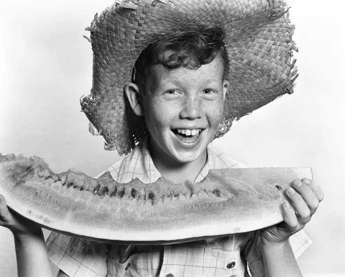 1940S 1950S Smiling Boy Straw Hat Holding Large Slice Watermelon