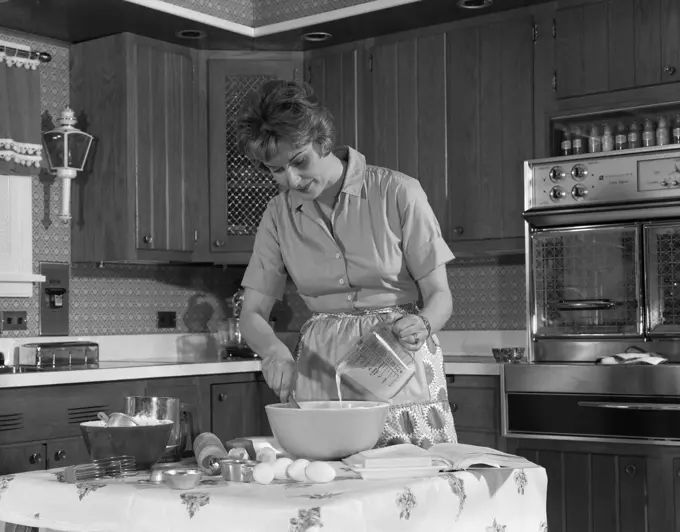 1960S Woman Household Prepare Food Mix Kitchen