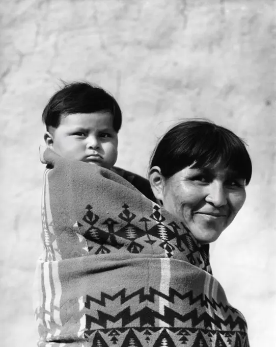 1930S Smiling Pueblo Mother & Child On Back Both Wrapped In Woven Blanket Papoose