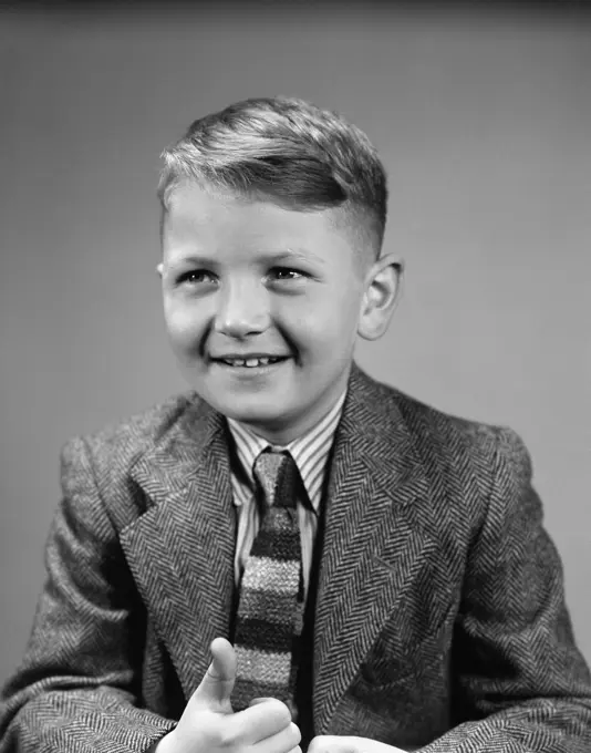 1940S 1950S Smiling Blond Boy Portrait Wearing Neck Tie Herringbone Jacket School Photo