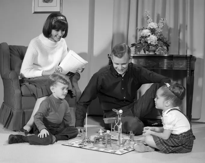 1960S Family Children Playing Game In Living Room Mousetrap