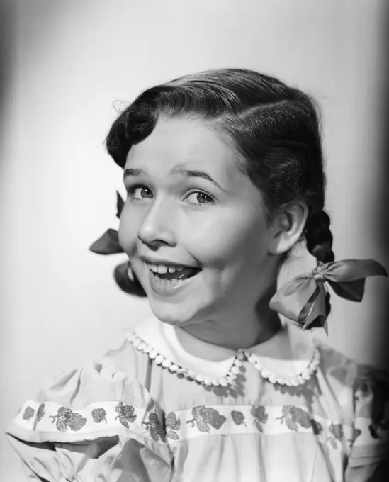 1950S Smiling Girl Pigtails Ribbon Bow Funny Face 3 4 Profile Portrait