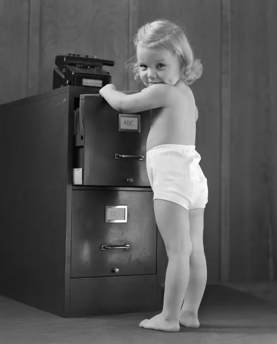 1940S Blond Toddler Wearing  Underpants Opening Drawer File Cabinet