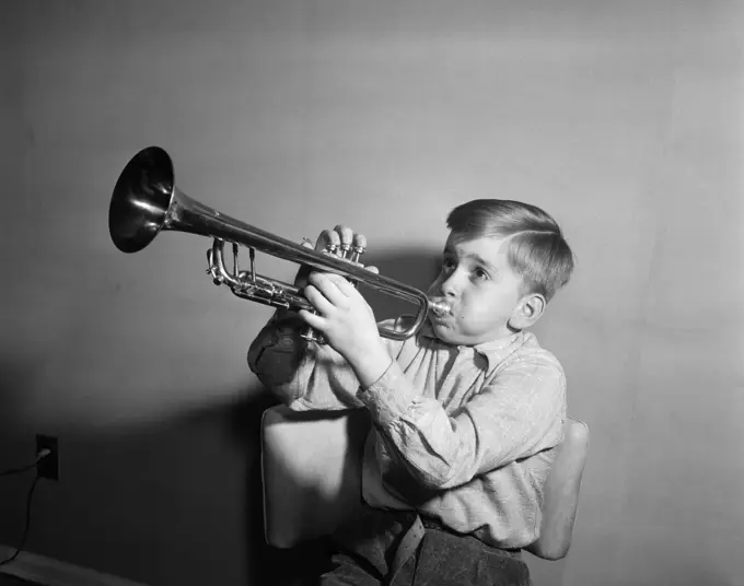 1950S Boy Playing Trumpet Horn