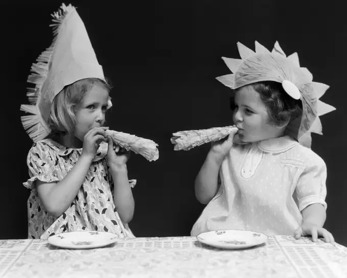 1930S 2 Little Girls With Noise Makers Party Hats