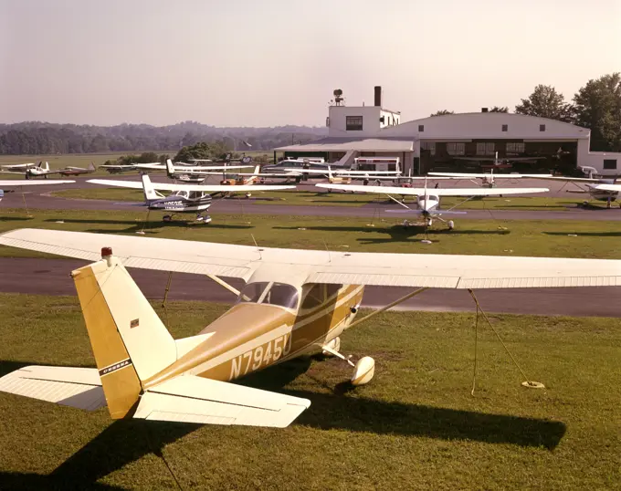 1970S Cessna Sky Hawk Private Airplane At Small Airport Planes Hangar Transportation