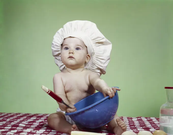 1960S Baby In Chef Hat With Mixing Bowl And Spoon