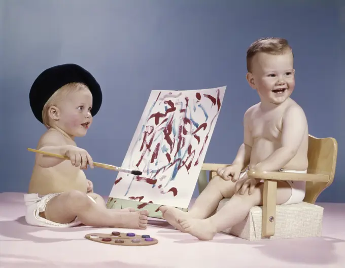 1960S Two Babies Artist Paint Pose Happy