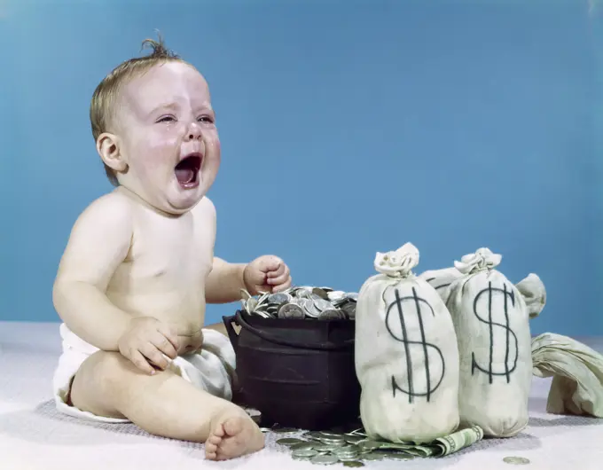 1960S Crying Shouting Baby With Money Bags And Pot Of Coins Win Lottery Fortune Wealth Tears Of Joy