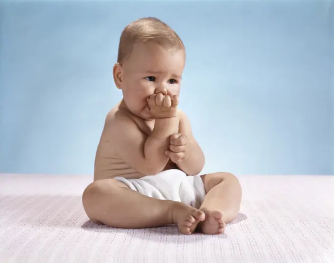 1960S Serious Worrying Baby Sitting Wearing Cloth Diaper