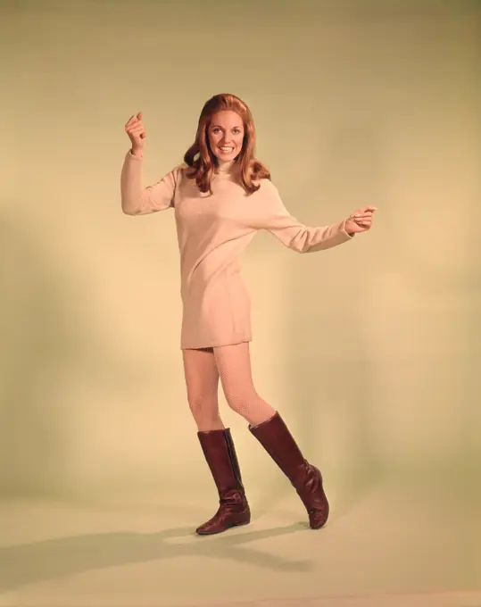 1960S Woman Dancer In Tan Dress And Boots White Fishnet Stockings   