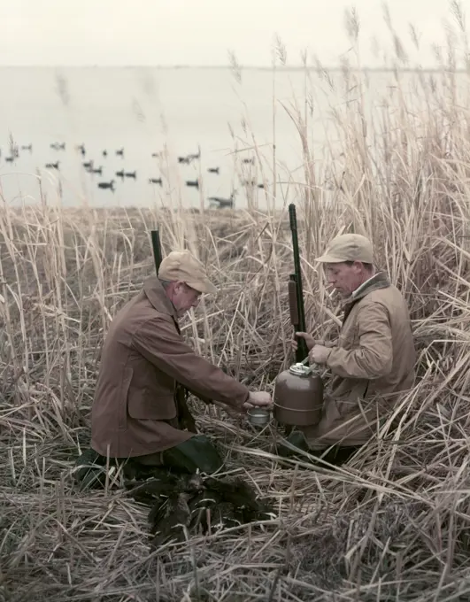 1950S 2 Men Hunters Tall Grass Reeds Duck Blind Brown Beige Hot Drink Thermos Shotguns Duck Decoys Water Lake Autumn