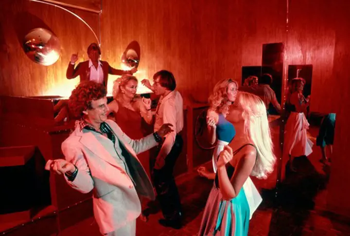 1970S 1980S Couples Men Women Dancing Disco Discotheque Indoor Dj In Back