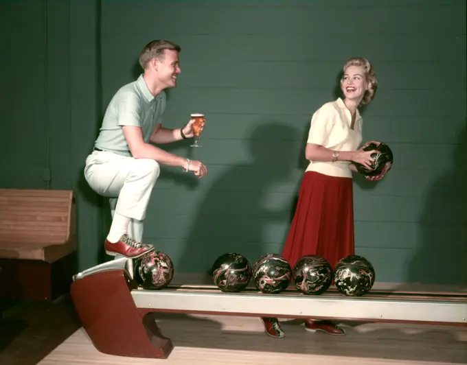 1950S Smiling Couple In Bowling Alley Woman Holding Ball Man With Glass Of Beer I