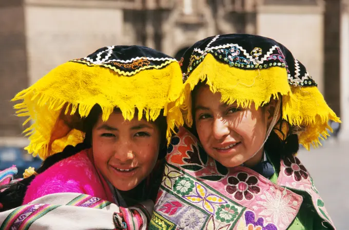 CUZCO PERU INDIAN GIRLS IN COLORFUL NATIVE DRESS