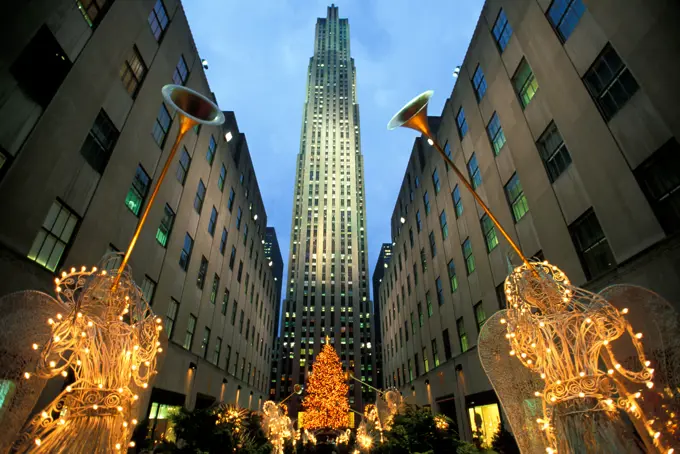 NEW YORK NEW YORK ROCKEFELLER CENTER ANGELS AND CHRISTMAS TREE AT NIGHT