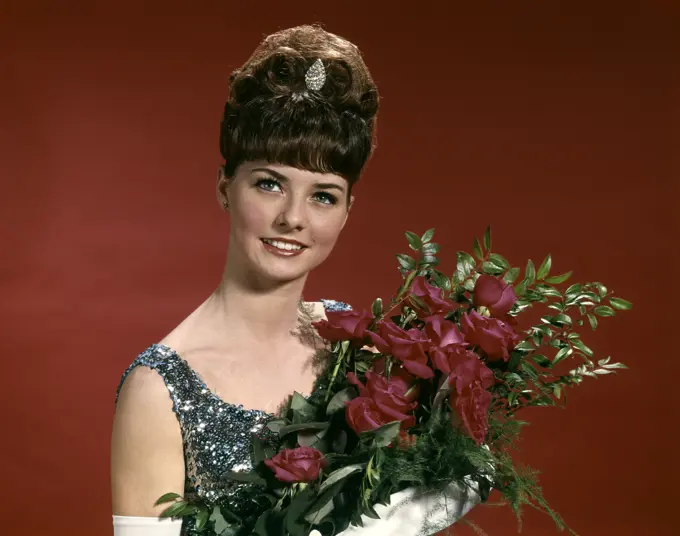 1960S Young Woman Prom Beauty Queen Debutante Holding Flowers Floral Roses