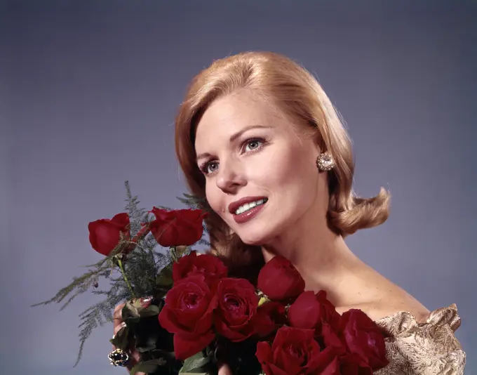 1960S Elegant Blond Woman Holding Bouquet Dozen Red Roses