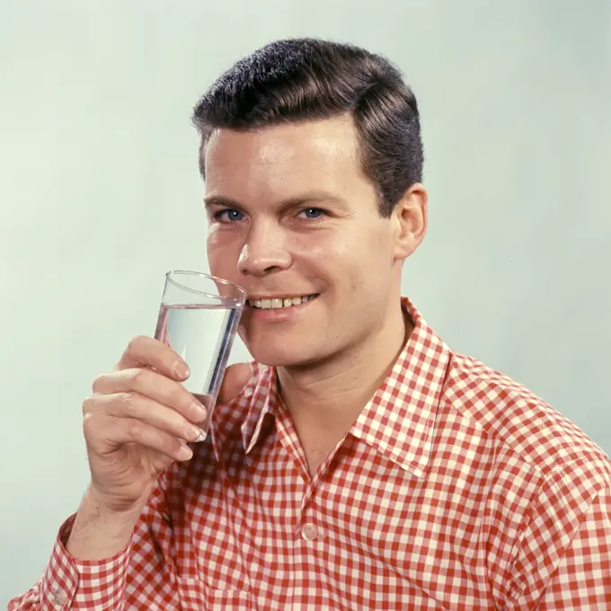 1960S Smiling Man Red Checked Shirt Drinking Glass Water Drink