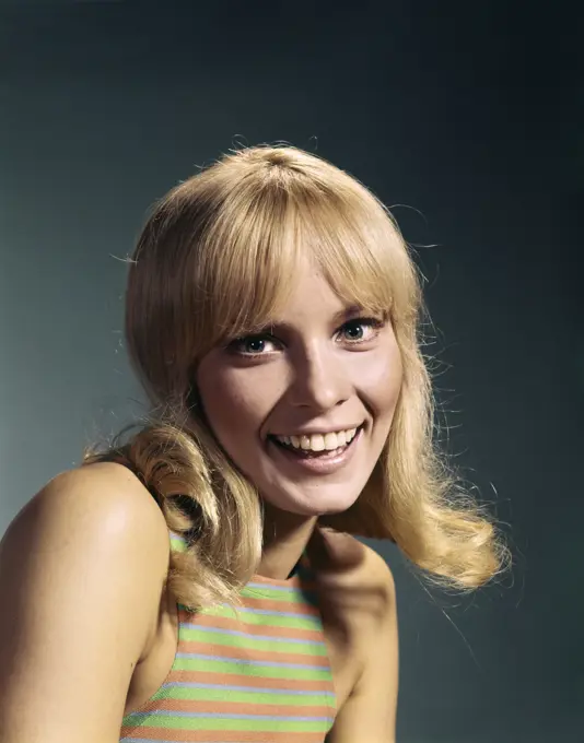 1960S Portrait Of Young Blond Woman Smiling Wearing Striped Sleeveless Top