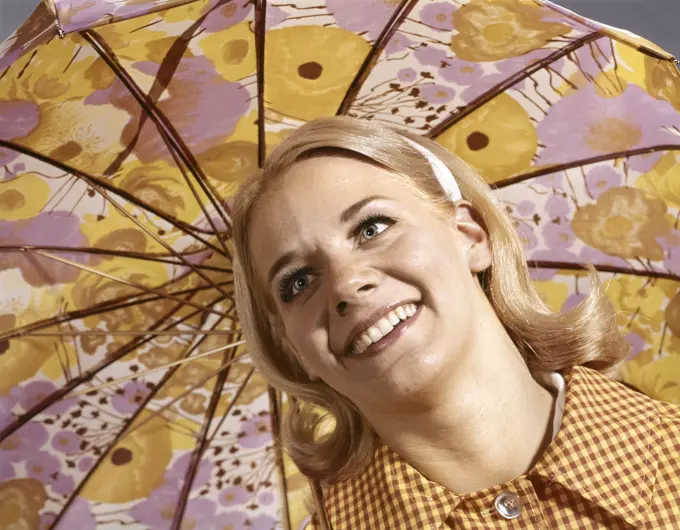 1960S Smiling Blond Woman Portrait Head Shoulders Under Umbrella