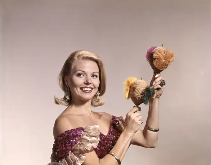 1960S Blond Woman In Caribbean Costume Shaking Maracas