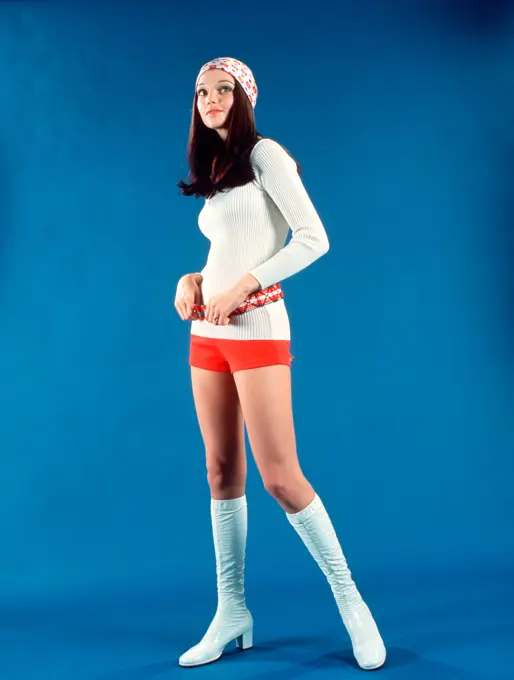 1970S Studio Portrait Woman Teenage Girl In Red Short Shorts And Dancer Fashion White Go-Go Boots 