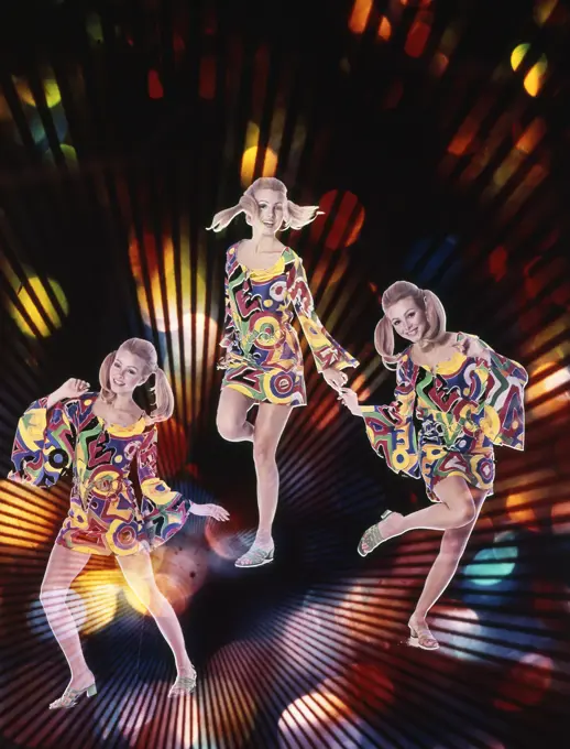 1970S Triple Exposure Of Young Woman In Patterned Dress Dancing Through Strobe Lights  