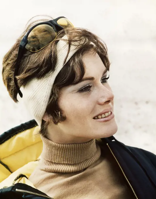 1970S Brunette Woman Wearing Ski Parka Headband Sunglasses Turtleneck Sweater  