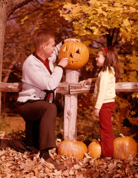 1960S Man Father And Girl Daughter  Carving  Halloween Jack-O-Lantern Pumpkin 